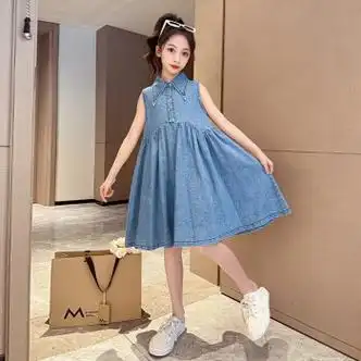 御海川女童无袖连衣裙夏装2023新款洋气儿童poo公主裙女孩背心牛仔