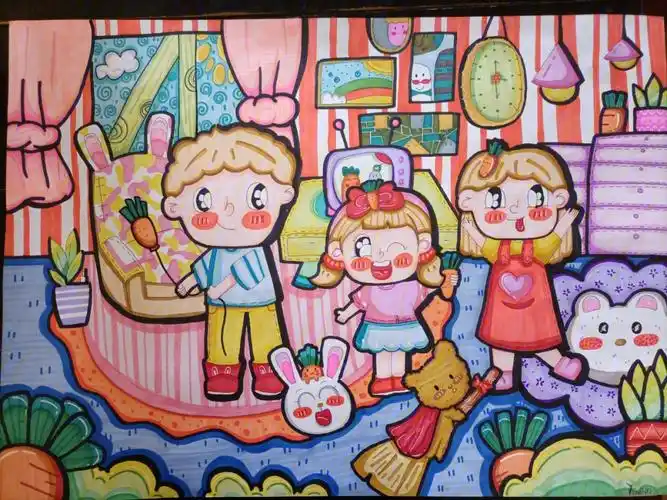 我爱我家儿童场景画