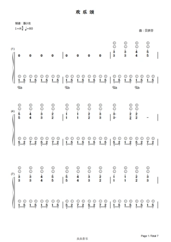 双手简谱欢乐颂带指法c调贝多芬