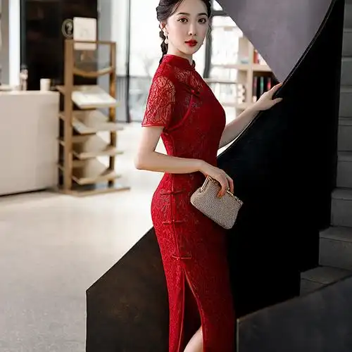 改良婚礼妈妈装蕾丝旗袍连衣裙小摆裙夏款刺绣中长款2021年新款