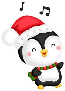 一只企鹅用快乐的脸唱歌的矢量冬季插图与有趣的卡通企鹅与一只小猪.