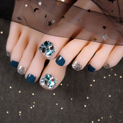 脚趾甲贴片夏天穿戴美甲女网红款短亮片蓝色日系假脚指甲甲片成品