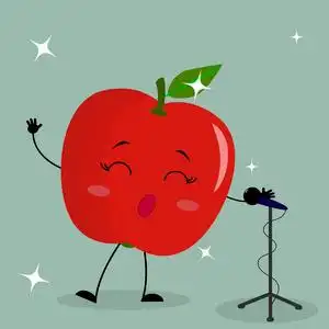 卡通话筒可爱的红色苹果笑脸在卡通风格唱歌入话筒照片