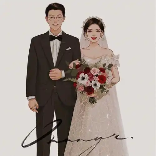 婚纱照手绘头像设计情侣卡通闺蜜结婚请柬真人手绘真人漫画