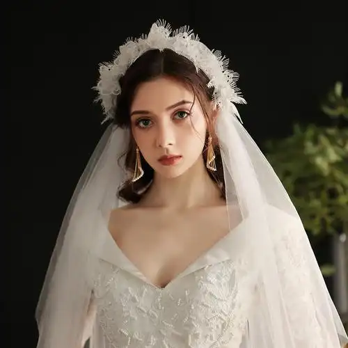 v647欣美集结婚新娘头纱 复古帽式超仙森系蕾丝花朵白色软纱发饰 - 欣