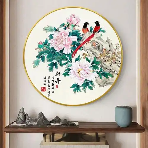 牡丹花玄关入户装饰画客厅茶室背景墙壁画花开富贵圆形挂画新中式