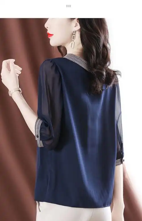 真丝衬衫2022夏季新款女中袖高档洋气小衫显瘦气质减龄桑蚕丝上衣藏青