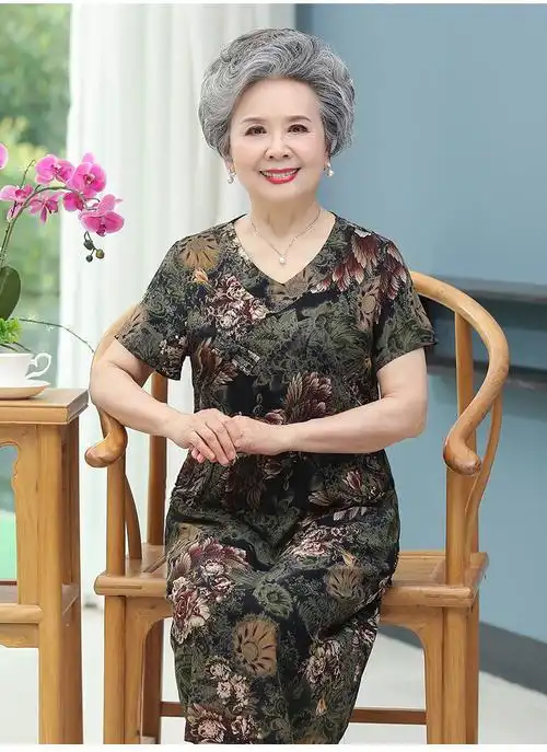 中老年人奶奶夏装纯绵绸连衣裙女裙子中长款妈妈短袖60岁长裙宽松黑色