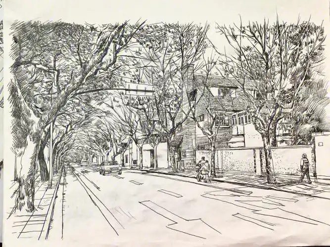 铅笔风景速写上海很有感觉的老马路