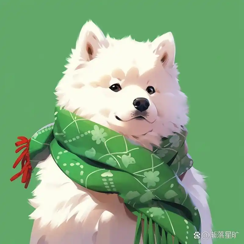 绿意盎然:围巾萨摩耶情侣头像插画 绿色系戴着围巾的萨摩耶98 这是