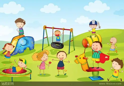 绘画草地蓝天卡通儿童游乐设施孩子男孩女孩益智教育通插画卡通漫画