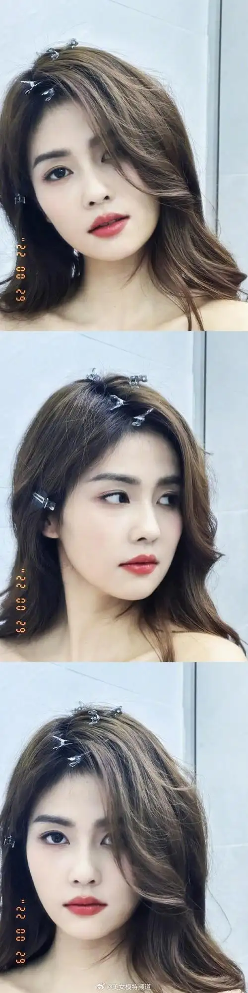 白鹿分享日常生活照等待化妆做发型时对镜自拍甜美可爱