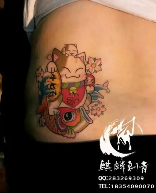 后腰招财猫_纹身图案手稿图片_于祥林的纹身作品集