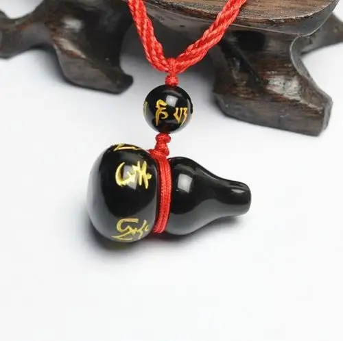 瑜瑞轩 开光正品龙年吉祥物 天然黑曜石六字真言葫芦福禄吊坠1402 12.