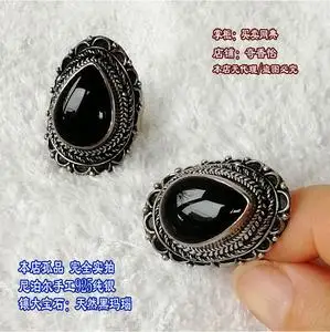 尼泊尔925纯银镶天然黑玛瑙大指环 黑宝石 手工复古大戒指 约15克