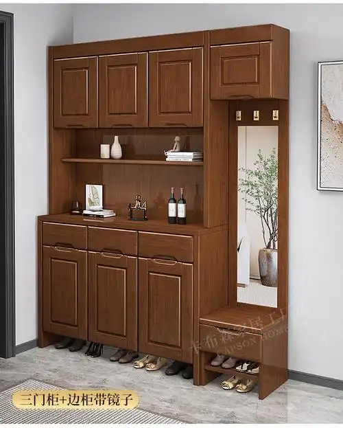 鞋帽柜入户进门鞋柜一体中式实木鞋柜带镜子进门玄关柜挂衣柜多层储物