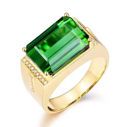 新款霸气镀18k黄金色镶嵌祖母绿宝石长方形男款戒指男士活口指环