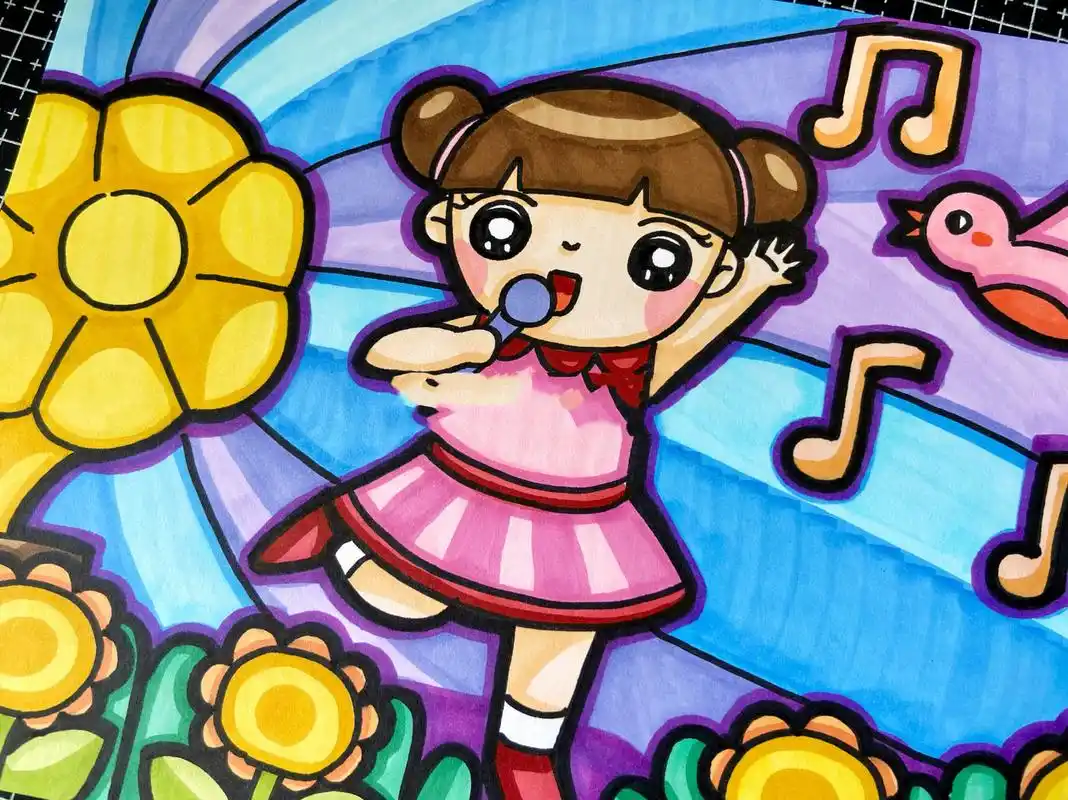 原创文艺表演类主题儿童画:唱歌的小女孩 人物的运动动态和玩耍动态有