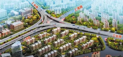 根据规划,工业路上浦路口将建一座双层立交桥,外形为两个三角形,分别