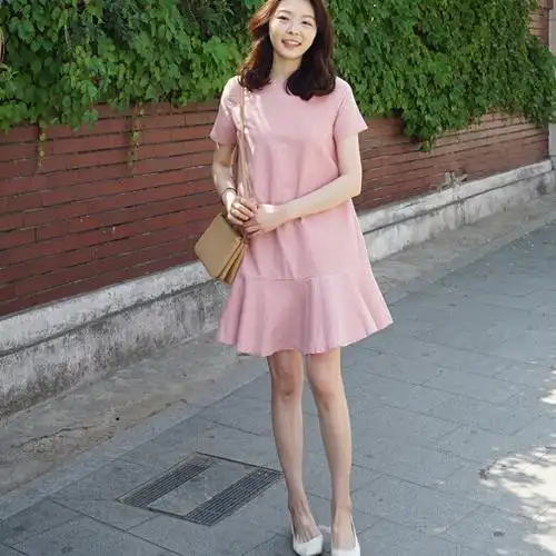 韩国女装2016夏装韩版甜美纯色荷叶边短袖连衣裙gc