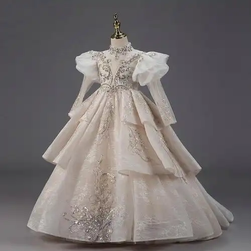 儿童礼服2022新款女童泡泡袖公主裙重手工钉珠长袖模特走秀晚礼服