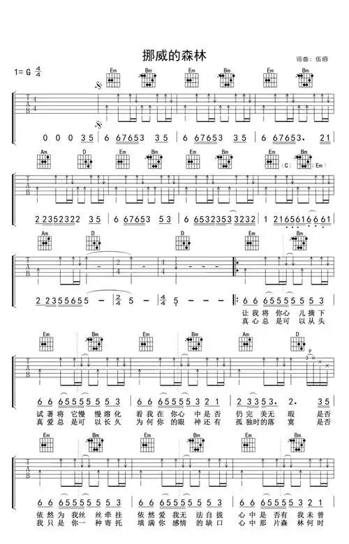 伍佰挪威的森林吉他谱g调吉他弹唱谱
