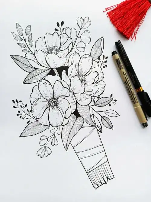 线描花朵黑白画有步骤图