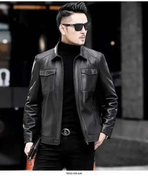 2020春季新款皮衣男真皮绵羊皮机车短款翻领男士皮夹克休闲皮外套