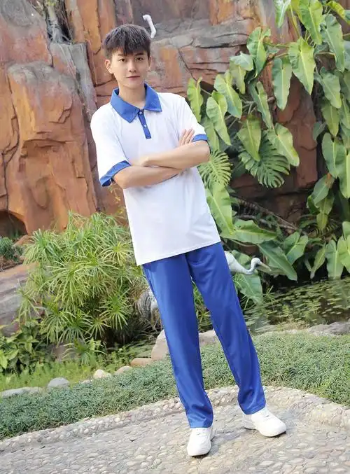 蓝白撞色翻领polo衫女学生校服班服 - 17网