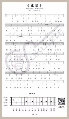简单版《成都》尤克里里指弹 弹唱谱(赵雷)-c大调音乐网