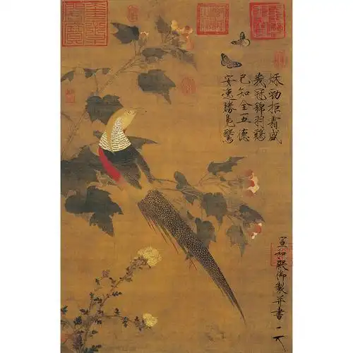 1:1名家真迹国画古代名画复制品宋徽宗赵佶芙蓉锦鸡图54*81cm