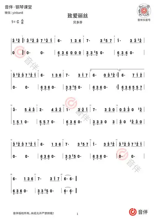 贝多芬 致爱丽丝(献给爱丽丝)钢琴简谱 c调简单版【钢琴独奏谱】,非常