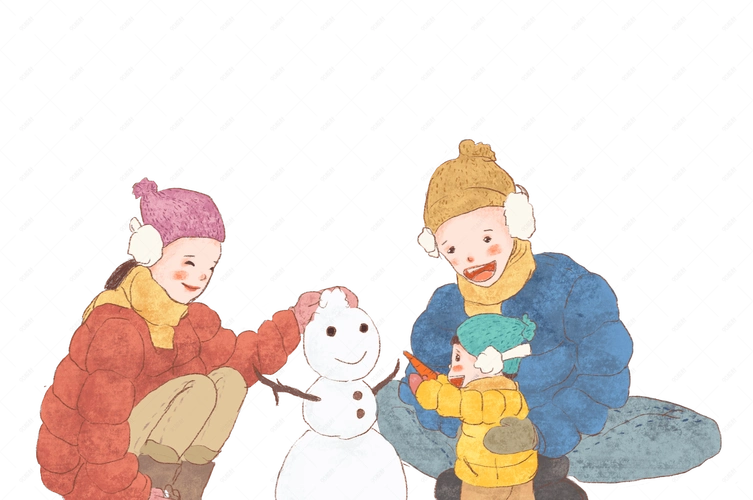 冬季手绘一家三口堆雪人温馨场景png免抠素材