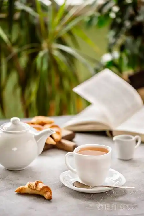 在背景下用点心和模糊的打开书和绿色植物在混凝土桌上用白色茶壶的热