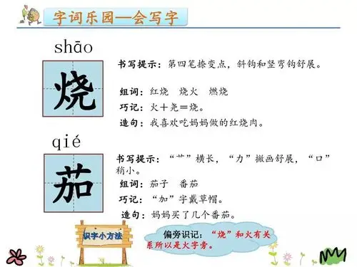 一,生字笔画笔顺二,会写字及组词烧(shāo) 烧火 烧水 燃烧茄(qié)