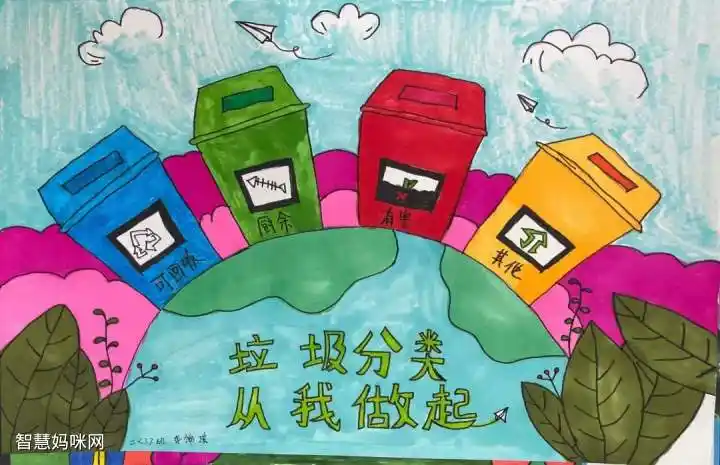 垃圾分类从我做起校园环保绘画三年级