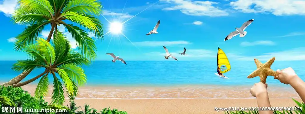 蓝天白云大海沙滩图片