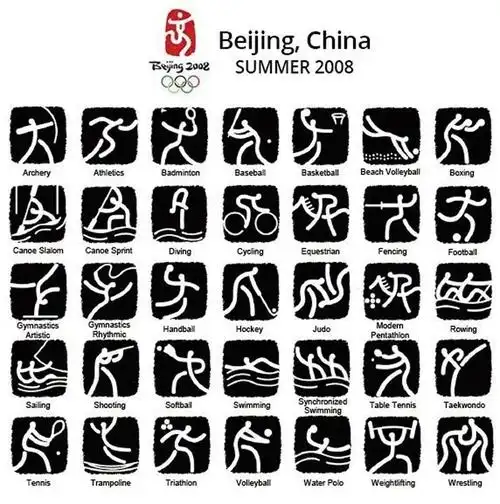 北京2008年奥运会体育图标以篆字笔画为基本形式,融合了中国古代