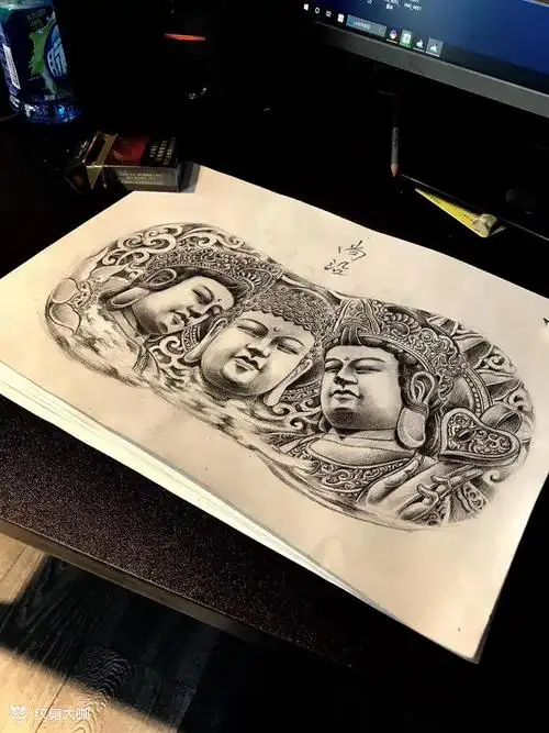 原创前胸三圣佛_纹身图案手稿图片_张敏的纹身作品集