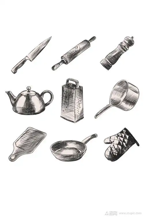 手绘线稿素描画实用工具小刀手套厨具素材素材
