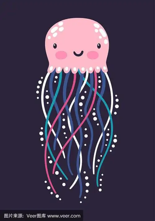 水母矢量图.可爱的卡通人物是孤立在深蓝色.