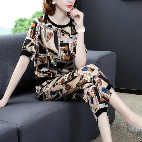 洋气时髦真丝两件套夏装女桑蚕丝气质显瘦休闲时尚减龄贵夫人套装￥93