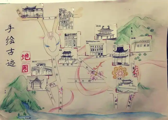 广场路小学手绘古迹地图-美福卡