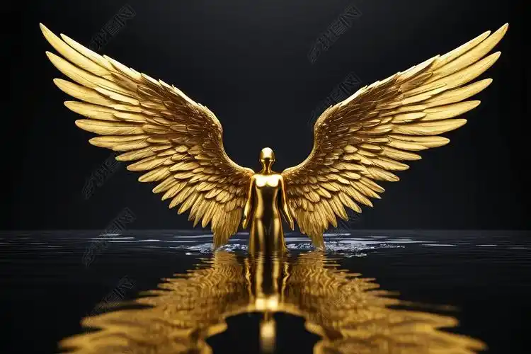 原创黑色背景的金色天使翅膀在水中反射高清图片