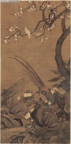 花鸟画 花鸟珍禽图(杏花双雉图)_清_尤萃 -古代绘画-百图汇素材网