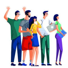 一群人,男人和女人,欢欣鼓舞的上班族站在一起,快乐的男人举起双手.