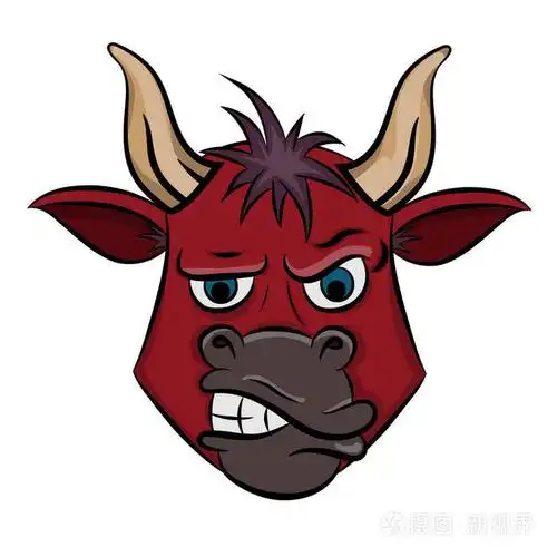 白色背景上的彩色矢量平图在白色背景公牛头贴纸阴险的看小公牛的卡通