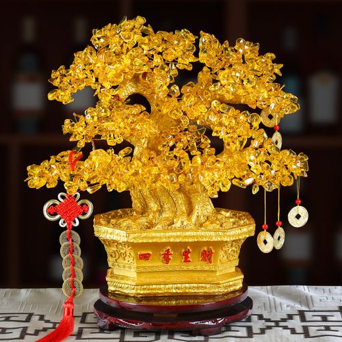旺运吉祥物黄水晶摇钱树招财利器事业运防小人招财树摆件