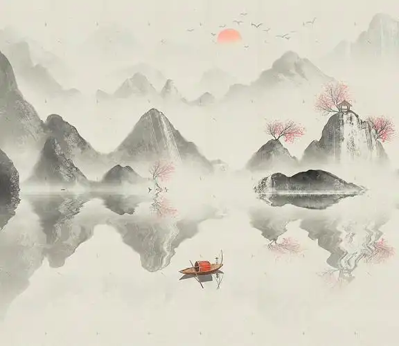 手绘中国风意境水墨山水风景画