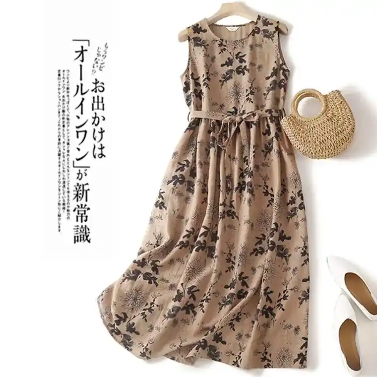 棉麻无袖连衣裙印花腰带裙中长裙背心裙子.40 或将近40的女 - 抖音